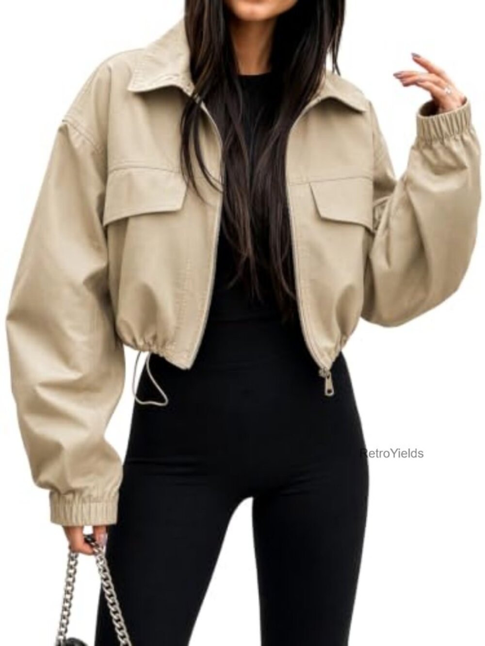 Oversized Cropped Bomber Jacket Lightweight Zip Up Utility Spring Fall Coat